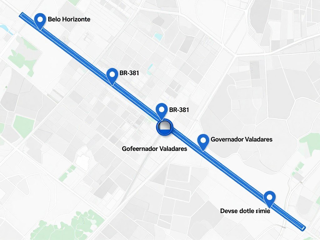 Mapa mostrando os cinco pontos de pedágio na BR-381 entre Belo Horizonte e Governador Valadares