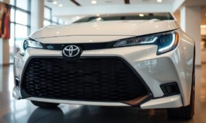 Novo Corolla 2026 em exposição com vista frontal destacando a nova grade dianteira e faróis LED