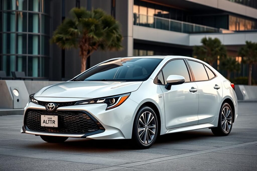 Novo Corolla 2026 versão Altis Hybrid na cor branca em ambiente urbano