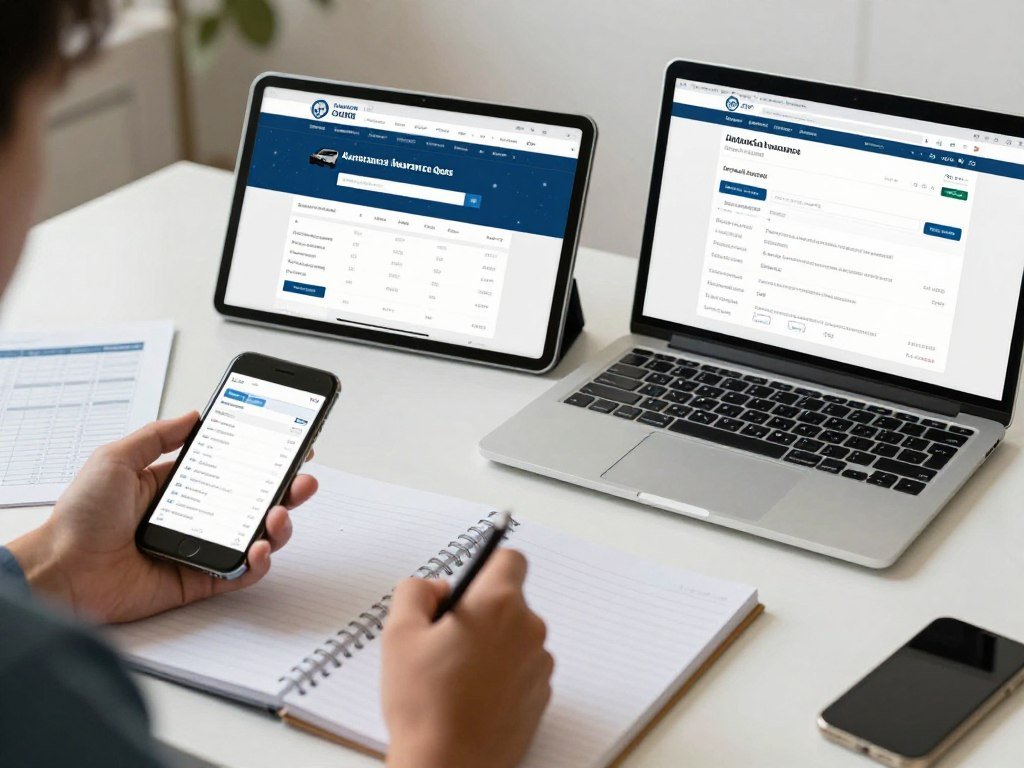 Person comparing automobile insurance quotes on digital devices