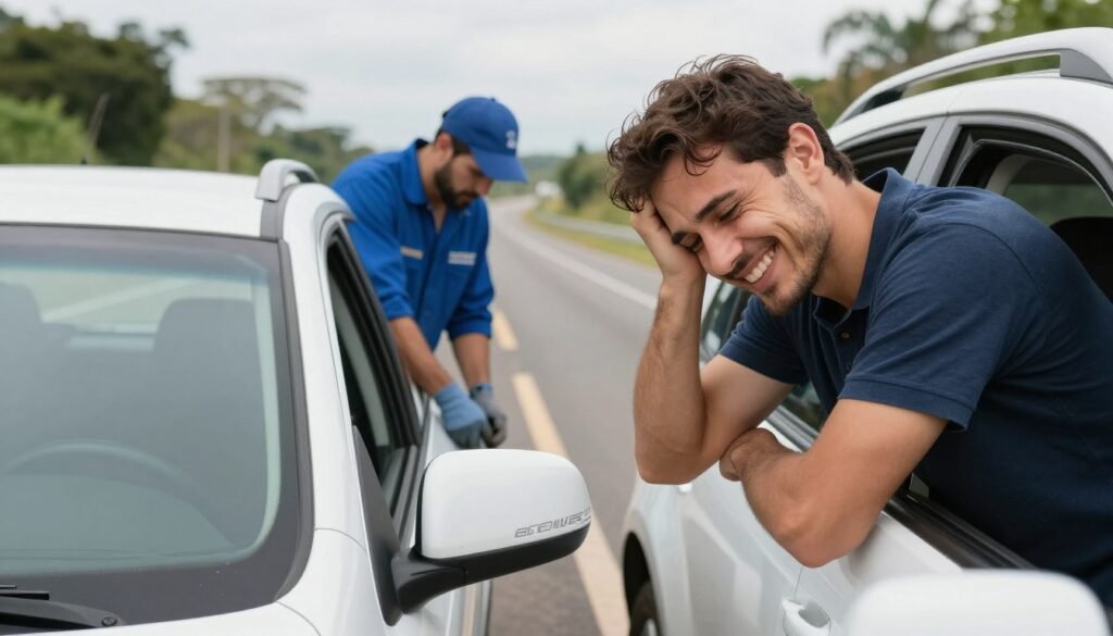 Pessoa sorrindo ao lado do carro após receber assistência 24h do seguro automotivo