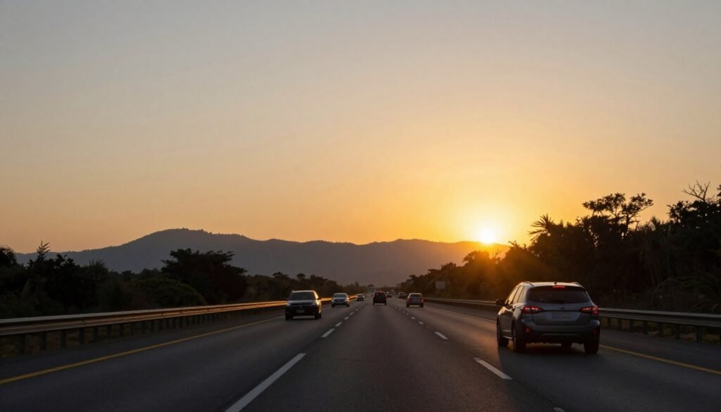 Pôr do sol na BR-381 com veículos trafegando em rodovia duplicada