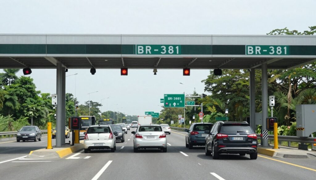 Pórtico de pedágio eletrônico na BR-381 com veículos passando