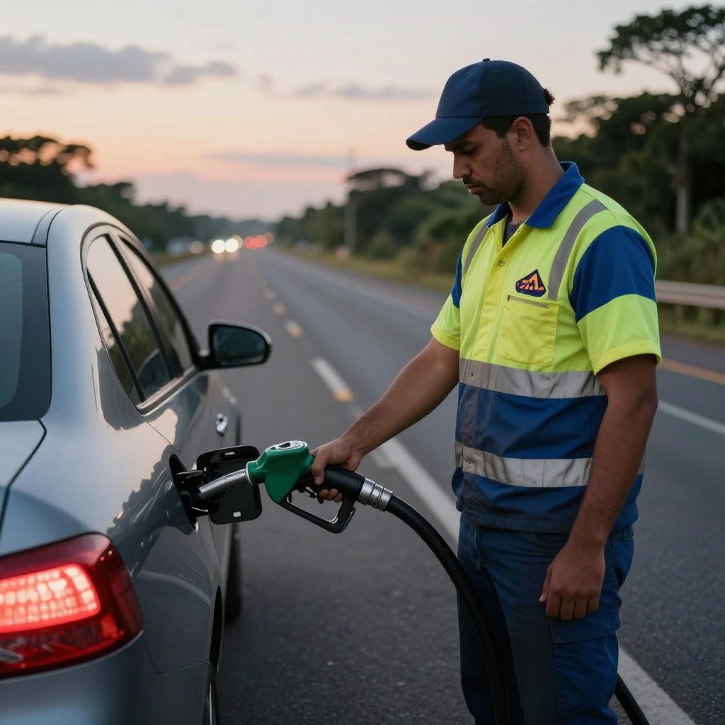 Técnico auxiliando em pane seca com galão de combustível