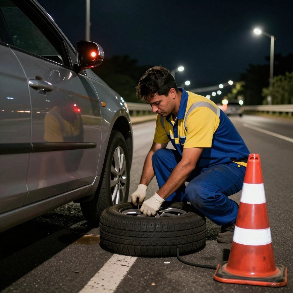 Técnico trocando pneu furado como parte da assistência 24h