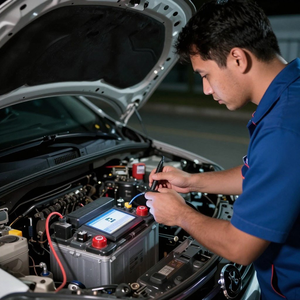 Técnico verificando bateria de carro com problema elétrico