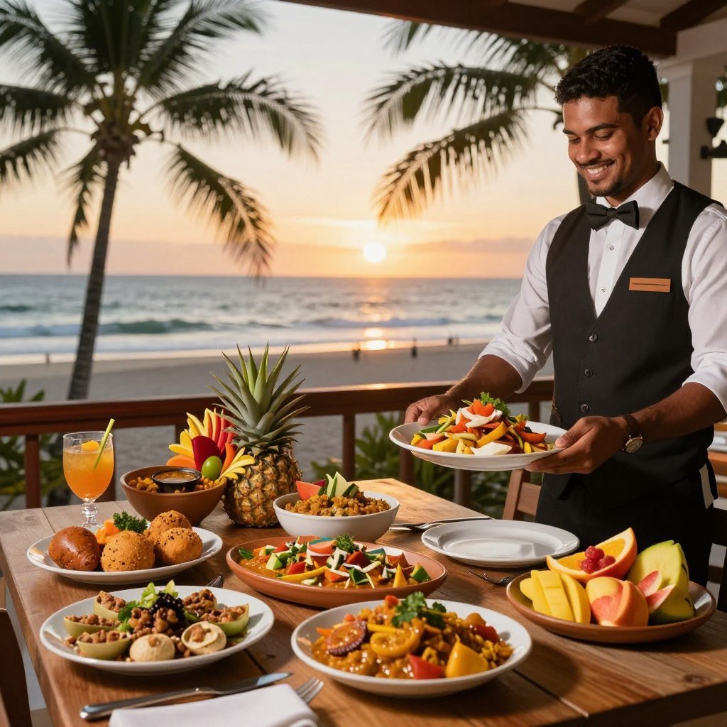 A beautifully arranged table displaying a variety of traditional North Brazilian cuisine, featuring colorful dishes such as acarajé, moqueca, and tropical fruits, set on a terrace overlooking the ocean. In the foreground, a waiter in a stylish, professional attire presents a dish with a warm smile. The middle ground showcases the inviting table setting with elegant plates and vibrant decorations, while the background captures the stunning beach view under a golden sunset sky. The atmosphere is warm and welcoming, with soft, diffused lighting creating an inviting ambiance. The scene is framed with palm trees gently swaying in the breeze, enhancing the tropical feel of the location. The focus is sharp, with a slight bokeh effect on background elements to emphasize the culinary delights.