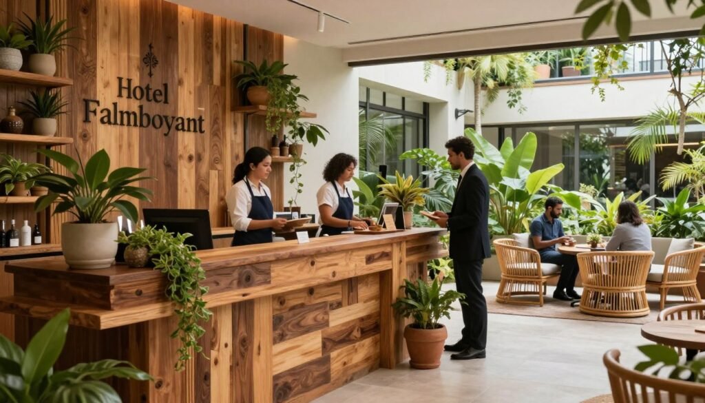 A beautifully designed eco-friendly hotel lobby at Hotel Flamboyant in Brazil, showcasing sustainable practices. In the foreground, a reception desk made of reclaimed wood, adorned with potted plants and natural decor, creates a welcoming atmosphere. In the middle, guests in professional business attire are interacting with staff, highlighting a commitment to hospitality and sustainability. The background features large windows allowing soft, natural light to fill the space, illuminating bamboo furniture and an indoor garden. The mood is serene and inviting, emphasizing harmony with nature. The composition should be photographed from an angle that captures the depth of the lobby, with a focus on the interplay of natural materials and greenery.