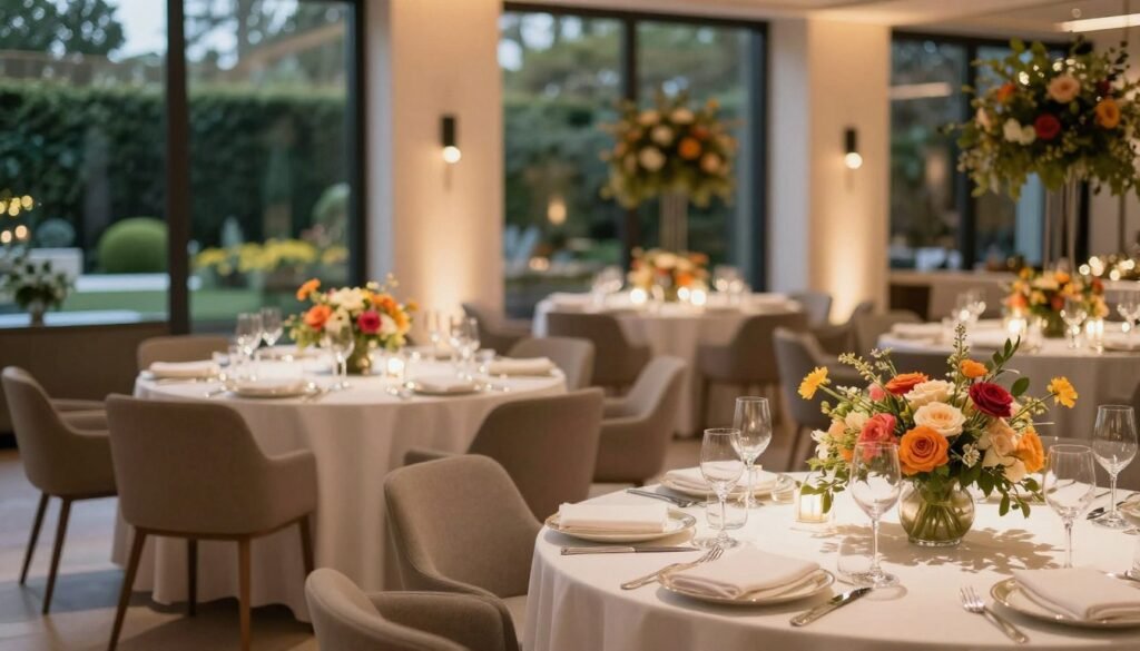 A beautifully designed event space within the Hotel del Luna, showcasing elegant décor for events and celebrations. In the foreground, a modern banquet table is elegantly set with fine china, sparkling glassware, and vibrant floral arrangements, reflecting an upscale atmosphere. The middle ground features stylish chairs arranged around the table, with atmospheric lighting creating a warm, inviting ambiance. In the background, large windows reveal a glimpse of lush gardens and soft, ambient lighting enhances the space, evoking a sense of sophistication. The scene captures a blend of contemporary and classic design elements, with a soft focus effect to convey a dreamy yet luxurious mood. The image is devoid of people or distractions, emphasizing the beauty of the event space itself. A beautifully designed event space within the Hotel del Luna, showcasing elegant décor for events and celebrations. In the foreground, a modern banquet table is elegantly set with fine china, sparkling glassware, and vibrant floral arrangements, reflecting an upscale atmosphere. The middle ground features stylish chairs arranged around the table, with atmospheric lighting creating a warm, inviting ambiance. In the background, large windows reveal a glimpse of lush gardens and soft, ambient lighting enhances the space, evoking a sense of sophistication. The scene captures a blend of contemporary and classic design elements, with a soft focus effect to convey a dreamy yet luxurious mood. The image is devoid of people or distractions, emphasizing the beauty of the event space itself.