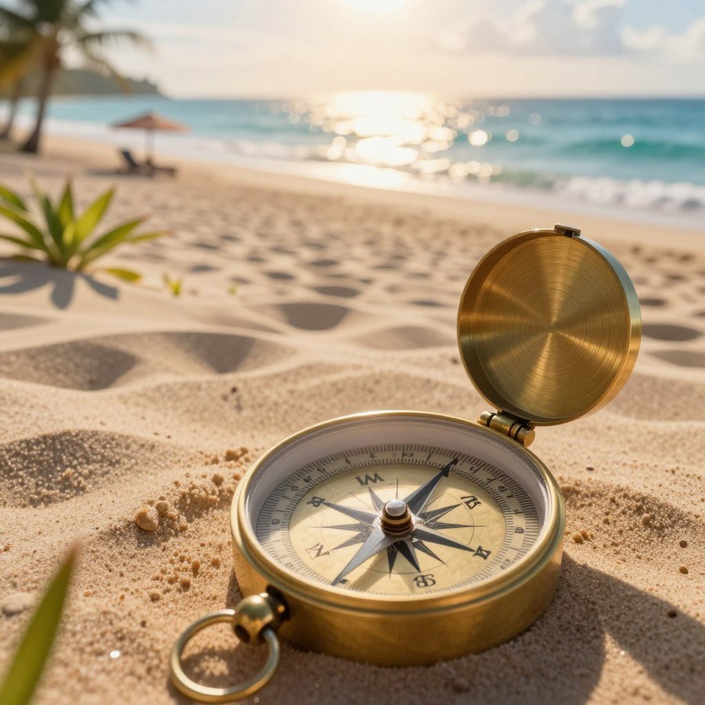 A beautifully detailed compass pointing north, set against a serene beach backdrop. In the foreground, the intricate design of the compass features ornate engravings and a polished brass finish, catching the sunlight. The middle section showcases soft sandy dunes gently rolling toward the ocean, with modest tropical plants and beach umbrellas dotting the landscape. In the background, the azure waves of the ocean reflect the warm hues of a late afternoon sun, casting a golden glow across the scene. The atmosphere is tranquil and inviting, perfect for vacation planning. The image is captured at a slightly elevated angle to emphasize the compass's directionality while highlighting the beauty of the seaside resort, ensuring a sense of adventure and relaxation. A beautifully detailed compass pointing north, set against a serene beach backdrop. In the foreground, the intricate design of the compass features ornate engravings and a polished brass finish, catching the sunlight. The middle section showcases soft sandy dunes gently rolling toward the ocean, with modest tropical plants and beach umbrellas dotting the landscape. In the background, the azure waves of the ocean reflect the warm hues of a late afternoon sun, casting a golden glow across the scene. The atmosphere is tranquil and inviting, perfect for vacation planning. The image is captured at a slightly elevated angle to emphasize the compass's directionality while highlighting the beauty of the seaside resort, ensuring a sense of adventure and relaxation.