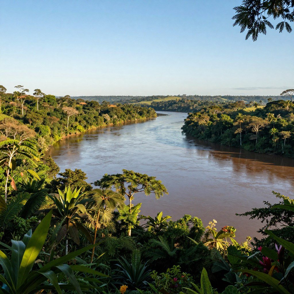 A breathtaking view of the Rio Amazonas, showcasing its vast, winding waters surrounded by dense, lush rainforest. In the foreground, vibrant green foliage frames the riverbanks, with exotic plants and colorful flowers hinting at the rich biodiversity. The middle ground features the wide expanse of the river reflecting the clear blue sky, while soft, ambient sunlight filters through the treetops, casting gentle shadows on the water. In the background, rolling hills and more greenery create a sense of depth and tranquility. The atmosphere is serene and inviting, evoking a sense of adventure and the importance of this majestic river. Use a wide-angle lens for a panoramic effect, capturing the essence of this natural wonder.