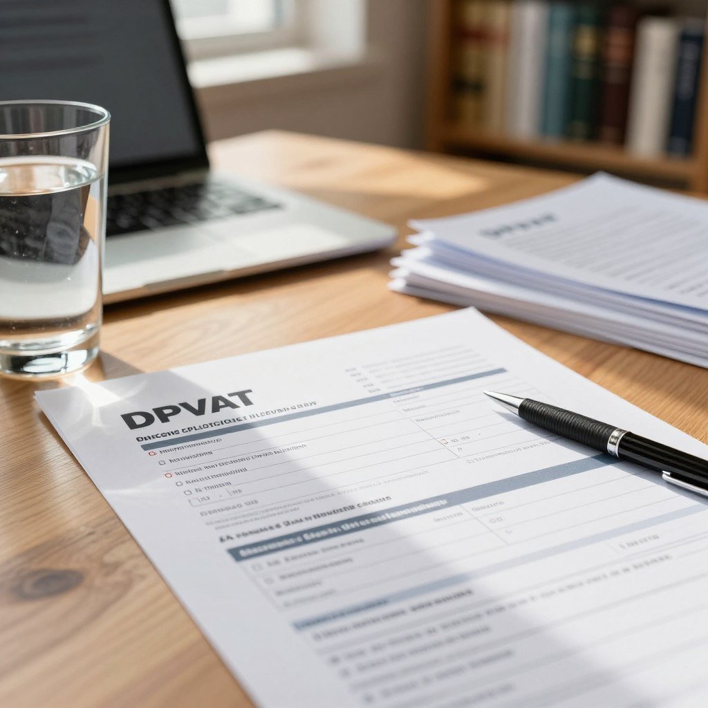 A close-up view of a DPVAT application form on a wooden desk, surrounded by organized paperwork and a black pen. The form is neatly filled out, showcasing essential fields such as name, ID number, and the date. To the left, a glass of water rests beside a laptop with a softly glowing screen, suggesting a productive work environment. Warm, natural light streams in from a nearby window, illuminating the scene and creating gentle shadows. In the background, there are blurred bookshelves filled with legal textbooks and documents, reinforcing the professional theme. The overall atmosphere is focused and informative, evoking a sense of clarity and purpose in the process of filling out the necessary forms for insurance claims.