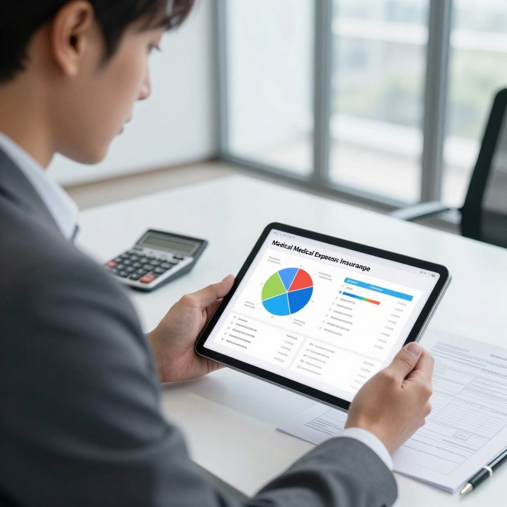 A close-up view of a professional financial consultant in a modern office environment reviewing a digital tablet displaying a detailed breakdown of medical expenses. The consultant, dressed in a smart business suit, has a focused expression, highlighting their expertise. In the foreground, the tablet screen shows colorful pie charts and graphs representing various medical coverage categories. In the middle ground, there is a clean desk with neatly arranged medical bills, a calculator, and a pen. The background features floor-to-ceiling windows letting in soft natural light, creating a bright and inviting atmosphere. The overall mood is professional and informative, conveying trust and clarity in understanding medical expenses insurance coverage.