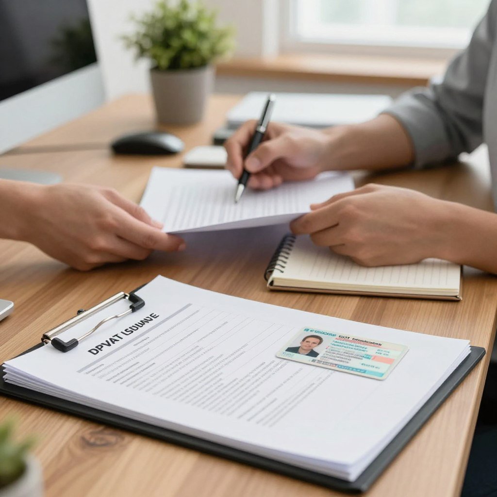 A collection of essential documents for applying for DPVAT insurance, neatly arranged on a wooden desk. In the foreground, show a close-up of a professional business document folder containing a vehicle registration document, driver's license, and proof of accident. In the middle, display a pair of hands sorting through the papers with a pen and a notepad for notes. In the background, let there be a softly lit office space with a potted plant and a computer screen. The overall atmosphere should be organized and professional, emphasizing clarity and preparedness. Use soft, natural lighting to create an inviting yet serious mood, shot from a slightly elevated angle to capture all elements effectively.
