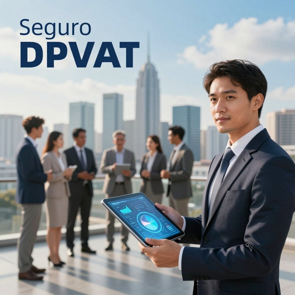 A conceptual illustration depicting the future of the DPVAT insurance. In the foreground, a confident professional in a business suit holds a tablet displaying a futuristic digital interface with insurance metrics and charts. In the middle ground, a diverse group of individuals in business attire engage in discussions, illustrating collaboration and progress. The background features a modern city skyline, symbolizing innovation and growth, under a bright blue sky with soft clouds. The lighting is warm and inviting, suggesting a hopeful atmosphere. Capture this scene from a slightly elevated angle to convey a sense of importance and forward-thinking, while ensuring all elements contribute to a cohesive focus on the evolving nature of seguro DPVAT.