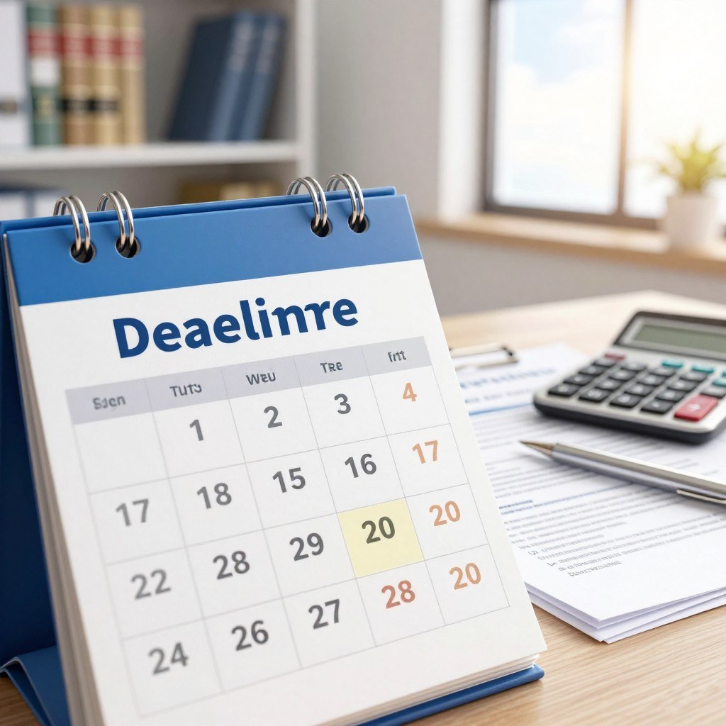 A conceptual illustration focusing on the theme of deadlines for DPVAT compensation claims. In the foreground, a structured calendar with highlighted dates related to the application period prominently displayed. In the middle, a set of professional documents and a calculator, symbolizing the calculation of claims, laid out on a desk. The background features a soft-focus office setting with shelves of legal books and a window showcasing a bright, sunlit sky. The lighting is warm and inviting, creating a motivating atmosphere. The composition should convey a sense of urgency and professionalism, with an overall color palette of blues and whites to evoke trust and clarity. The camera angle is slightly elevated, providing a comprehensive overview of the scene.