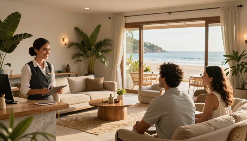A cozy hotel reception area at Hotel Mar Canasvieiras, showcasing elegant decor with tropical foliage and soothing neutral colors. In the foreground, a friendly receptionist in professional attire assists a couple checking in, smiling warmly. The middle features a well-furnished lobby with a seating area, plush sofas, and inviting coffee tables. In the background, large glass doors open to a sunlit terrace with views of the beautiful beaches of Canasvieiras, the sun casting a warm golden light. The scene is infused with a welcoming atmosphere, reflecting leisure and comfort, inviting guests to experience a seamless reservation process. The composition captures a sense of tranquility and hospitality, framed by soft lighting and a slightly blurred background for a depth-of-field effect.