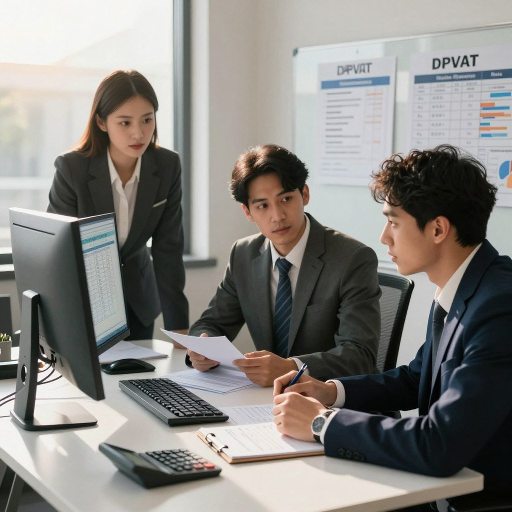 A detailed and informative scene depicting a professional office environment focused on calculating compensation for DPVAT insurance. In the foreground, a neatly organized desk with a computer displaying calculative spreadsheets, a calculator, and a notepad with annotated calculations. A diverse group of three individuals in professional business attire—two men and one woman—collaborating over the desk, engaged in discussion with focused expressions. In the middle ground, a large window allowing warm sunlight to illuminate the room, casting soft shadows. The background features a whiteboard filled with relevant formulas and charts about DPVAT compensation calculation. The overall mood is serious yet collaborative, emphasizing professionalism and clarity in the process of understanding insurance compensation. Soft, natural lighting enhances the focus on the individuals and the materials on the desk.