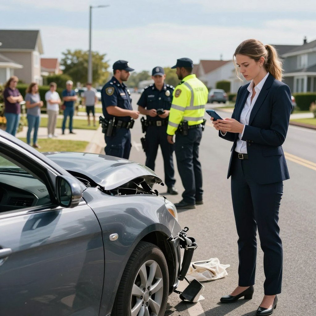 A detailed and informative scene illustrating a car accident involving an unlicensed driver. In the foreground, display a damaged vehicle with its airbag deployed, resting on a suburban road. Include a concerned individual in professional business attire, surveying the scene with a smartphone in hand, possibly taking photos for documentation. In the middle ground, position emergency responders like police and paramedics, engaging in conversations and providing assistance. The background features a blurred view of onlookers and a row of houses, under a clear blue sky. The lighting should be natural, simulating a mid-morning setting with soft shadows to create a serious yet professional atmosphere that reflects the importance of DPVAT insurance in legal contexts.