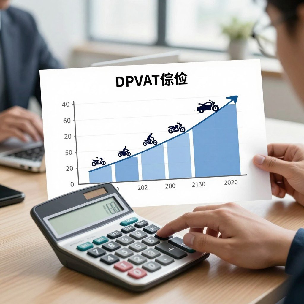 A detailed illustration depicting the compensation values of the DPVAT insurance. In the foreground, a professional-looking calculator with a person's hand inputting numbers, symbolizing calculation and assessment. The middle layer features a large chart showing the varying compensation amounts, with icons representing different types of accidents (like a car crash and a motorcycle incident). In the background, a soft-focus office environment with a window letting in natural light, creating a warm atmosphere. The scene is framed from a slightly elevated angle, giving a comprehensive view of the subjects. The overall mood is informative and serious, reflecting the importance of understanding indemnification values.