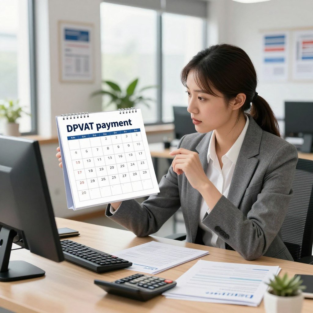 A detailed illustration of an office setting focusing on the theme of "DPVAT payment deadlines." In the foreground, a professional businesswoman in a smart blazer examines a calendar marked with important dates related to DPVAT payments, showcasing attentive expressions. In the middle ground, a desk cluttered with documents and a calculator reflects the administrative aspect of the process. The background features a large window with natural light streaming in, illuminating a modern office environment with potted plants and motivational posters on the walls. Use soft lighting to convey a sense of professionalism and urgency, shot from a slightly elevated angle to capture both the details of the desk and the thoughtful expression of the woman. The mood should be focused and informative, emphasizing the importance of understanding payment timelines.