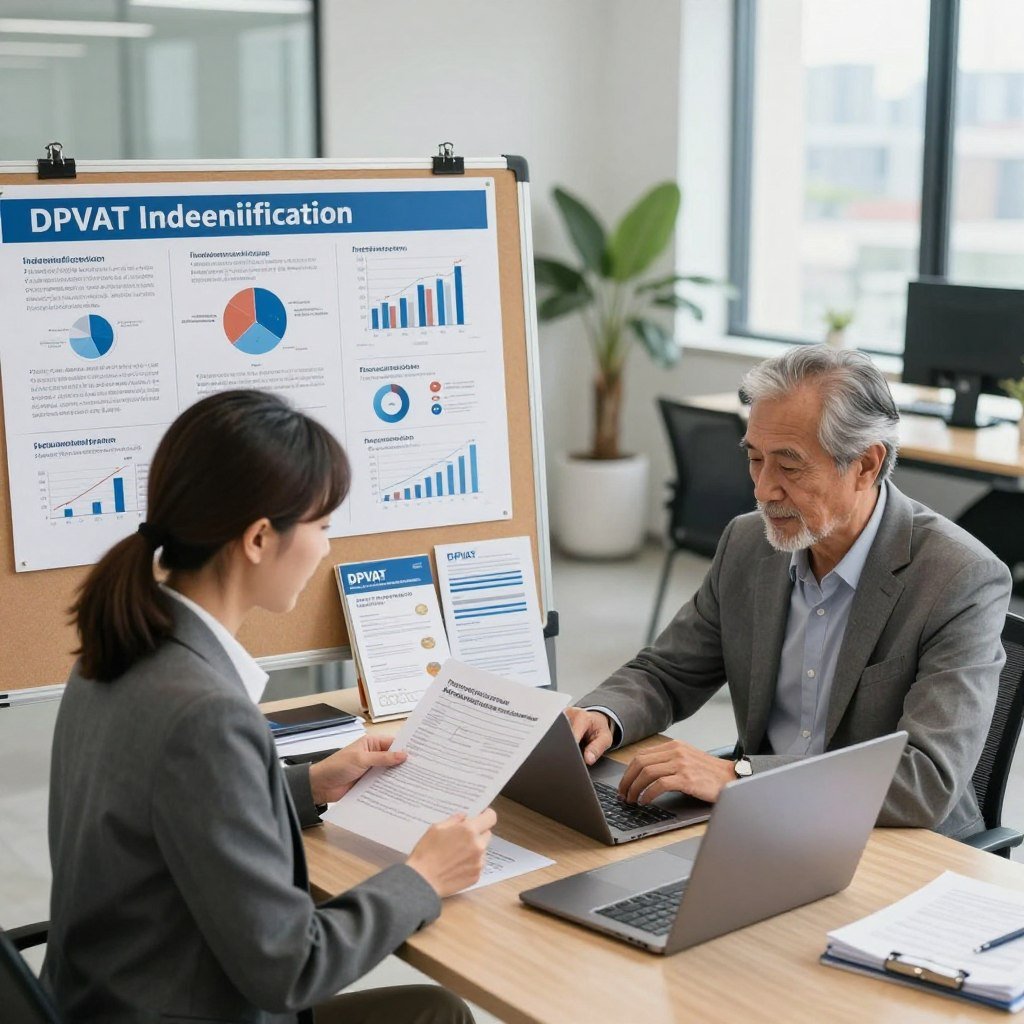 A detailed scene depicting the process of DPVAT indemnification. In the foreground, show a professional office setting with a diverse group of three individuals: a middle-aged woman in business attire reviewing paperwork, a young man sitting at a desk typing on a laptop, and an elderly gentleman patiently waiting. In the middle, include a large bulletin board displaying charts and diagrams explaining the indemnification process, alongside brochures about DPVAT. The background features a well-lit office environment, with modern furnishings and a window revealing a cityscape. Soft but bright natural light streaming in creates an optimistic atmosphere. Use a slightly elevated angle to capture the dynamics of collaboration among the individuals in the foreground.