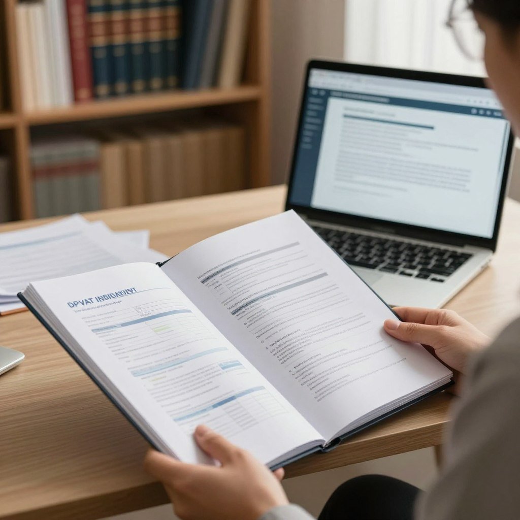 A detailed scene representing the documentation process for DPVAT insurance. In the foreground, an open folder filled with neatly organized paperwork, such as forms and identification documents, held by a person in professional attire, emphasizing a sense of diligence and care. In the middle, a modern office desk with a laptop displaying relevant information related to indemnification. In the background, soft-focus shelves filled with legal books and references, creating a scholarly atmosphere. The lighting is warm and inviting, suggesting a productive work environment, with a slight emphasis on the documents to draw attention. The overall mood conveys professionalism, clarity, and the importance of understanding the compensation process.