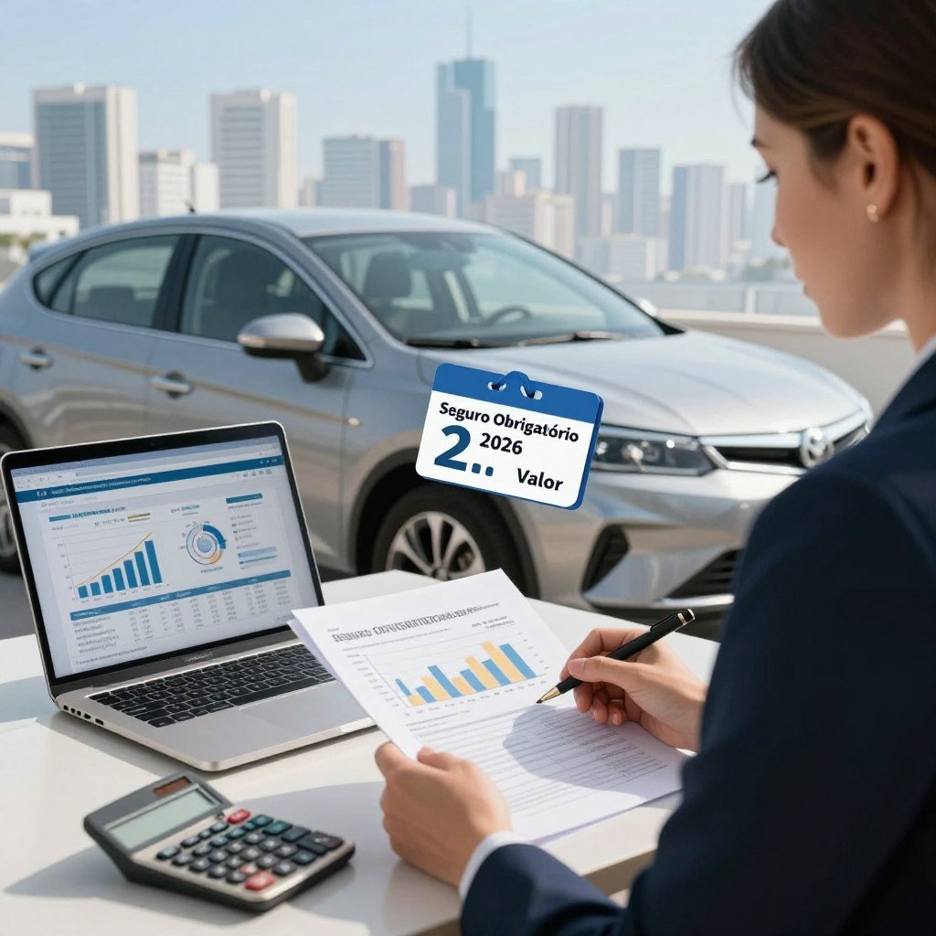 A detailed visual representation of "Seguro Obrigatório 2026 Valor" in the context of vehicle costs in Brazil. In the foreground, a woman in professional business attire is analyzing financial documents, with a calculator and a laptop displaying graphs and data related to vehicle insurance. The middle ground features a modern car, neatly parked, showcasing a price tag indicating the value of mandatory insurance for 2026. The background should include a subtle outline of a Brazilian city skyline under a clear blue sky, suggesting an urban environment. Soft daylight illuminates the scene, creating a professional and informative atmosphere. The angle should be slightly elevated, providing a comprehensive view of both the woman and the vehicle, emphasizing their connection to the topic of insurance and vehicle costs.