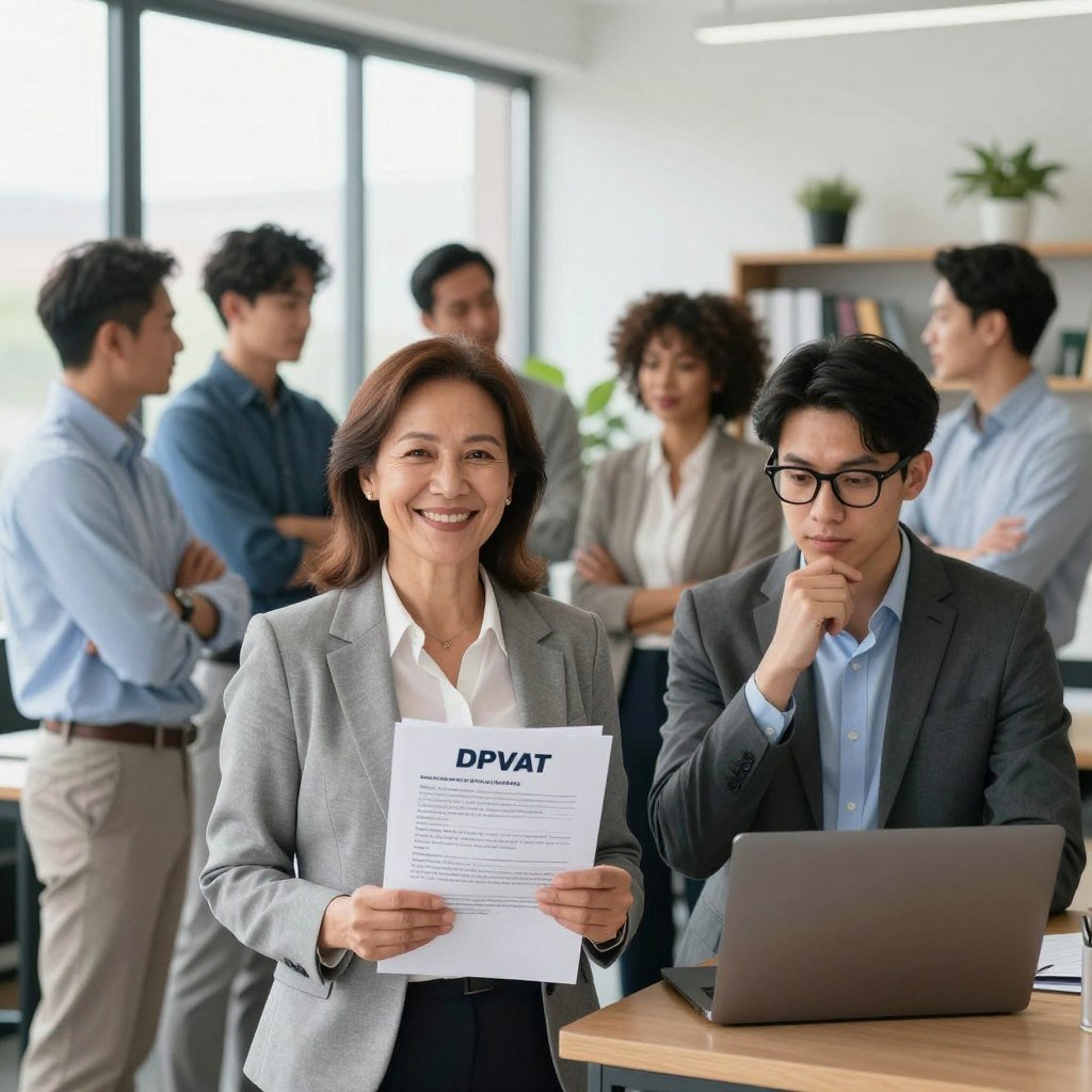 A diverse group of individuals in professional attire stands together in a well-lit office setting, symbolizing the beneficiaries of the DPVAT insurance. In the foreground, a middle-aged woman with a warm smile, holding important documents, exudes confidence. Beside her, a young man wearing glasses looks thoughtfully at a laptop, representing the process of receiving insurance benefits. In the middle ground, a collaborative atmosphere prevails, with others engaged in conversation, surrounded by large windows that let in natural light, creating a welcoming ambiance. The background features shelves with books and plants, adding depth. The overall mood is hopeful and supportive, reflecting empowerment and assistance. The image captures the essence of community and the importance of understanding one's rights to insurance support.