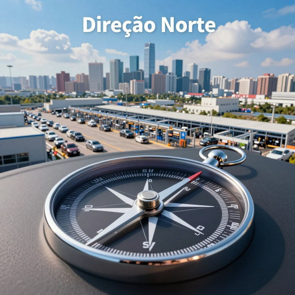 A dynamic representation of "Direção Norte", featuring a detailed, modern automotive direction compass. In the foreground, a sleek, metallic compass elegantly points north, designed with intricate markings and a polished surface, reflecting the light. The middle ground showcases a bustling automotive industry scene, with factories and assembly lines in motion, indicating activity and progress. The background features a vibrant city skyline under a bright blue sky with soft clouds, symbolizing innovation and future possibilities. The lighting is bright and energetic, enhancing the sense of direction and purpose. The overall mood is optimistic and forward-looking, capturing the essence of the automotive sector's anticipation for the future.