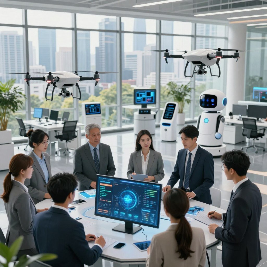 A futuristic office environment showcasing emerging technologies in the insurance industry. In the foreground, a diverse group of professionals in business attire collaborates around a sleek, digital display filled with data visualizations and interactive tools. In the middle ground, various high-tech gadgets and devices, like drones and AI-driven chatbots, are visibly integrated into the work process, symbolizing innovation. The background features large windows overlooking a vibrant city skyline, with green elements suggesting sustainability. Soft, natural lighting filters through the windows, creating a bright and optimistic atmosphere. The composition should convey a sense of progress and professionalism, emphasizing the intersection of technology and insurance in a dynamic setting.