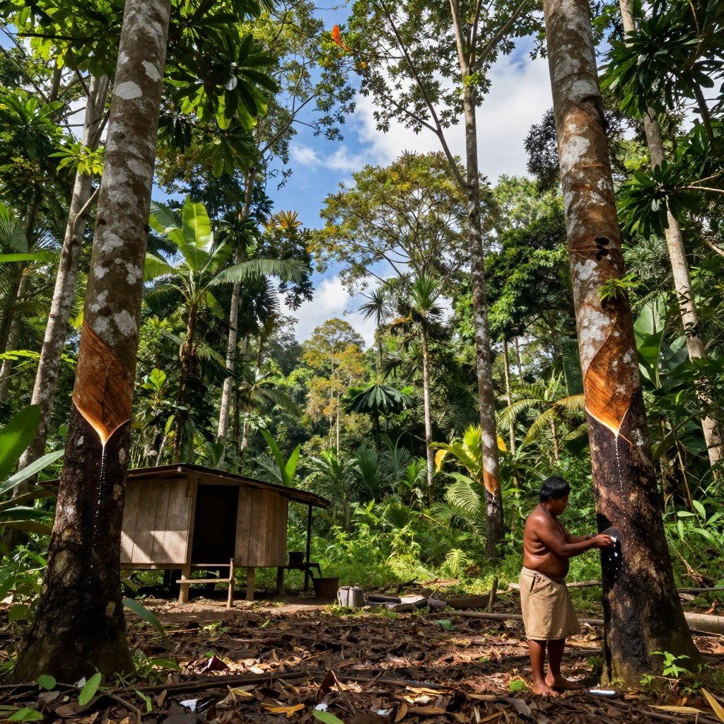 A lush Amazon rainforest scene, showcasing rubber trees with their distinct bark and latex dripping from the cuts, symbolizing the rubber extraction process. In the foreground, a local indigenous person, dressed in modest traditional clothing, carefully collects latex, embodying the heritage and labor of rubber tapping. The middle ground includes a small wooden shack and tools used in the rubber industry, hinting at the historical context. The background features a vibrant jungle filled with diverse flora and fauna, under a bright blue sky with wispy clouds. The atmosphere is warm and inviting, with soft, dappled sunlight filtering through the leaves, creating a sense of tranquility and reverence for this significant chapter in Amazonian history. The composition is balanced with a slight upward angle to capture both the trees and the overall grandeur of the landscape.