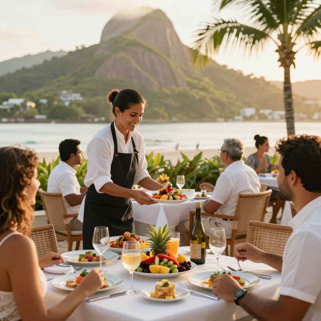 A luxurious beachside hotel restaurant set against the backdrop of lush hills in Porto Seguro. In the foreground, a beautifully arranged dining table featuring elegant tableware and a colorful array of gourmet dishes inspired by local gastronomy, such as fresh seafood, tropical fruits, and vibrant salads. In the middle ground, attentive staff in professional casual attire serving guests, who are smiling and enjoying their meals. The background reveals the stunning coastline and hills bathed in warm, golden sunlight, with palm trees swaying gently in the breeze. The atmosphere is relaxed and inviting, suggesting a perfect fusion of fine dining and natural beauty. The scene is captured with a soft focus lens to enhance the serene mood, evoking a sense of culinary delight in a picturesque setting.