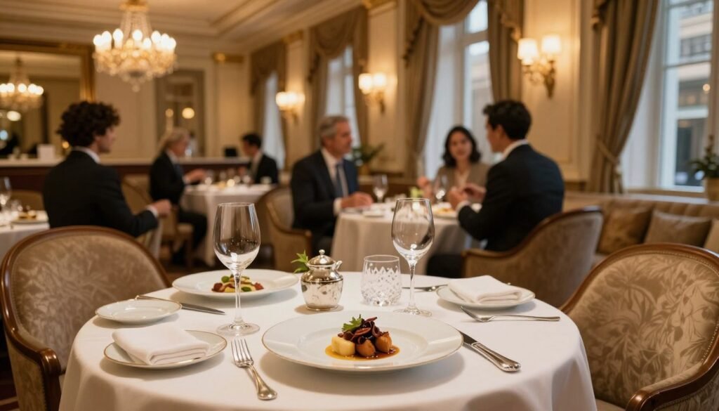 A luxurious gourmet restaurant scene inside the elegant Palace Hotel. In the foreground, a beautifully set table adorned with fine china, crystal glassware, and elegant cutlery, featuring a gourmet dish artfully plated in the center. The middle ground shows sophisticated patrons in tasteful business attire enjoying their meals, engaged in lively conversation. The background reveals opulent decor including ornate chandeliers, plush seating, and soft ambient lighting that creates a warm, inviting atmosphere. The lens captures the scene from a slightly elevated angle, emphasizing the exquisite dining experience. Soft, golden light filters through large windows draped with rich curtains, enhancing the sense of elegance and refinement. The mood is sophisticated yet welcoming, perfect for an unforgettable culinary experience.