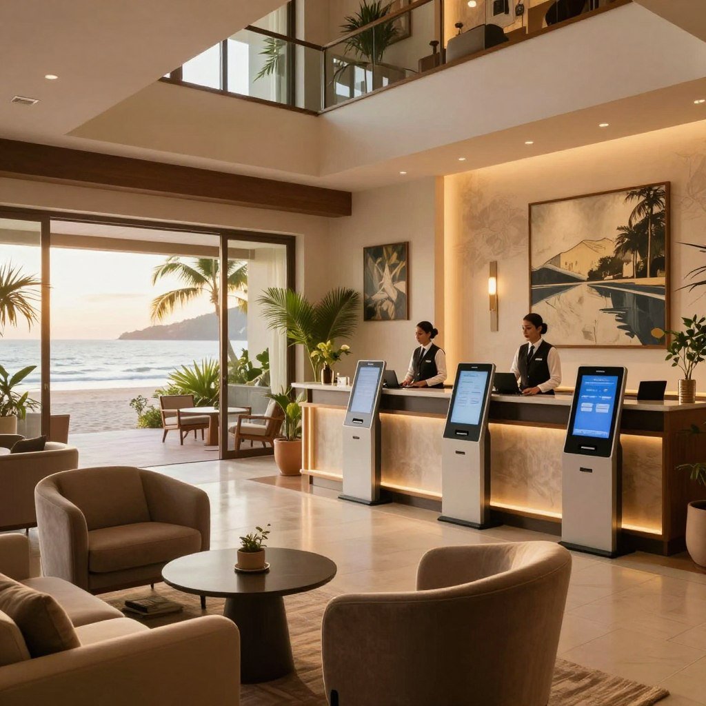 A luxurious hotel lobby at Monte Pascoal Praia Hotel in Porto Seguro, showcasing an atmosphere of comfort and quality. In the foreground, elegant seating with plush armchairs and contemporary furniture invites relaxation. The middle ground features a sleek reception desk, staffed by professionally dressed personnel, and multiple digital check-in kiosks, highlighting modern technology. In the background, large windows reveal a stunning view of the beach with soft sunlight streaming in, creating a warm and welcoming environment. The interior is adorned with tasteful artwork and lush indoor plants, enhancing the sense of tranquility. Soft, diffused lighting casts a calming glow, emphasizing the hotel's commitment to guest connectivity and advanced amenities. The overall mood is inviting and efficient, blending comfort with modern sophistication.