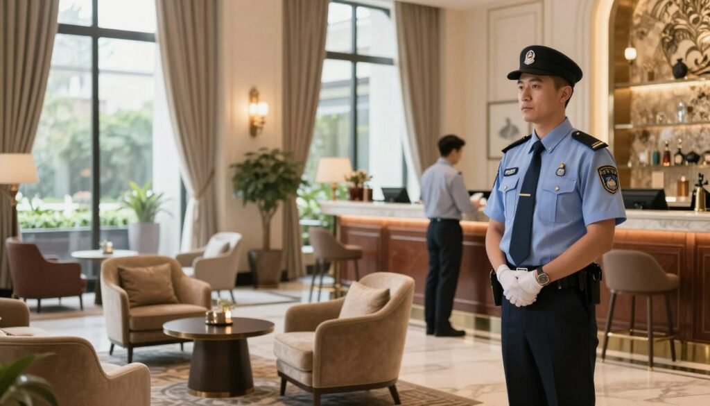 A luxurious hotel lobby showcasing a blend of elegance and security. In the foreground, a professional security guard in a tailored uniform stands attentively, exuding confidence and authority. In the middle, opulent furnishings such as plush armchairs and polished marble countertops create an inviting atmosphere, while a guest in smart casual attire checks in at the reception desk, highlighting comfort and hospitality. The background features large windows with sheer curtains that allow warm natural light to flood in, accentuating the upscale decor and greenery from outside. The overall mood is serene and secure, emphasizing the top-tier safety measures in place at Hotel Majestic. The scene is captured with a soft-focused lens at a slight angle, enhancing the depth and inviting warmth of the space.