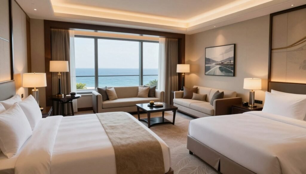 A luxurious hotel room in Hotel Manaira, featuring a spacious layout with high-end furnishings. In the foreground, a plush king-size bed dressed in crisp white linens and an upscale throw blanket. On either side, elegant bedside tables with stylish lamps providing warm, ambient lighting. In the middle, a seating area with a modern sofa and coffee table, adorned with decorative cushions. Large windows in the background reveal a stunning ocean view, with soft natural light pouring in, enhancing the room’s opulence. The walls have tasteful art pieces, and the floor is covered with a beautiful carpet. The atmosphere is serene and inviting, embodying comfort and luxury.