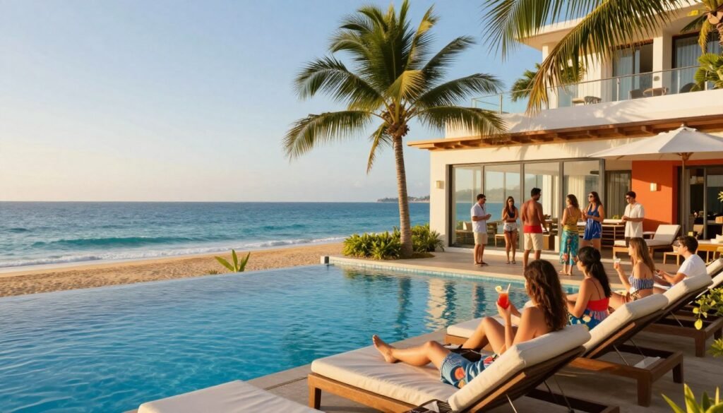 A luxurious hotel with expansive glass windows overlooking a vibrant blue ocean, set against a backdrop of golden sandy beaches and lush tropical palm trees. In the foreground, a suspended infinity pool reflects the sunlight, while comfortable sun loungers invite relaxation. In the middle ground, the elegantly designed hotel features modern architecture and vibrant exterior colors. Guests, dressed in casual yet stylish attire, enjoy activities like sipping cocktails on the terrace and socializing in small groups. The background reveals a clear sky and gentle waves, creating a serene and inviting atmosphere. Warm, golden hour lighting enhances the scene, evoking a sense of tranquility and leisure in this perfect seaside getaway.