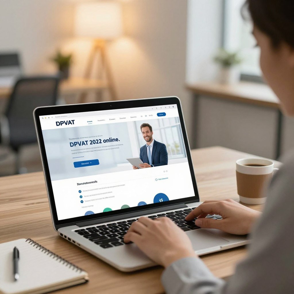 A modern digital workspace illustrating the concept of "DPVAT 2022 online." In the foreground, display a sleek laptop with a website interface featuring the DPVAT application process, emphasizing user-friendly navigation. Include a professional individual in business attire, focused on the screen, showcasing a sense of engagement with the online application. In the middle ground, arrange elements like a notepad and a coffee cup, creating a productive atmosphere. In the background, a softly blurred office setting with warm lighting casts a welcoming glow, suggesting a comfortable work environment. The overall mood should be optimistic and efficient, highlighting the advantages of applying for the DPVAT insurance online. The scene should evoke a sense of ease and modernity.
