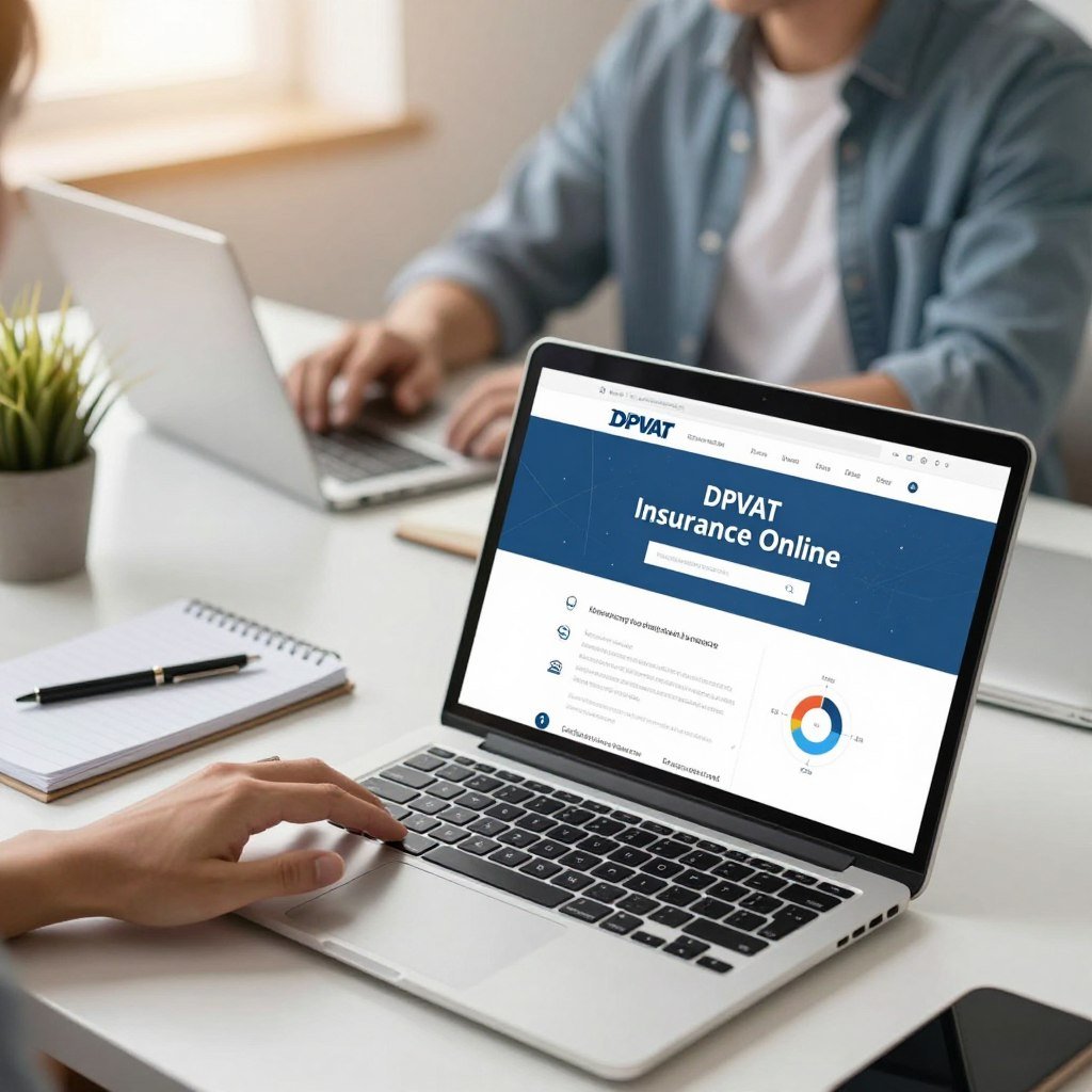 A modern digital workspace scene focused on the process of consulting the DPVAT insurance online. In the foreground, a laptop is open, displaying a user-friendly insurance website with a clear interface, and a hand reaching towards the keyboard, suggesting interaction. In the middle, a neatly organized desk with a few personal items like a plant, a notepad, and a pen, exuding a sense of professionalism. In the background, a softly blurred image of a person in smart casual attire, engaged in the consultation process, reflecting concentration and determination. The lighting is bright and inviting, capturing an optimistic mood, with a warm glow enhancing the workspace environment. The angle is slightly elevated, providing a spacious view while maintaining focus on the laptop and the act of consultation.