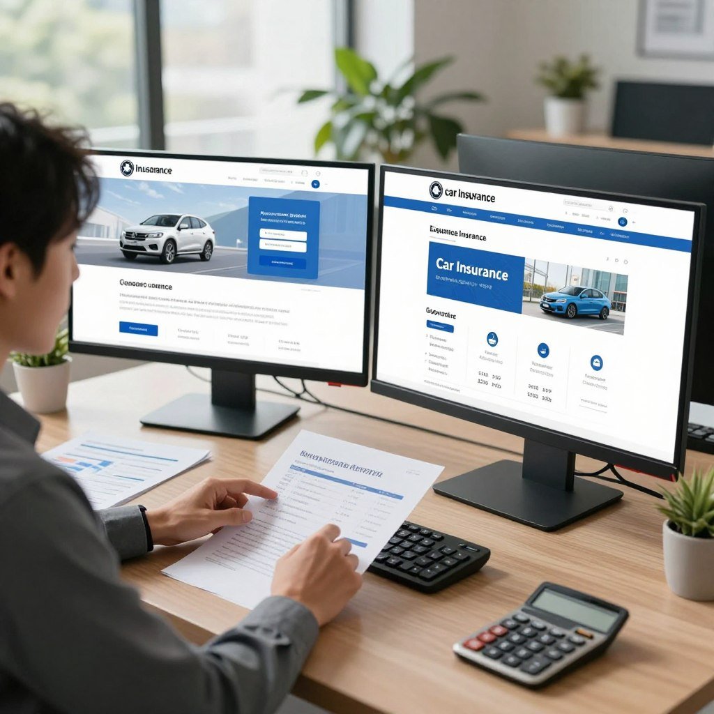 A modern digital workspace scene showcasing a comparison of car insurance websites on sleek dual monitors. In the foreground, a focused professional in business attire analyzes insurance quotes, surrounded by financial documents and a calculator. The middle ground features bright screens with colorful graphics displaying various insurance options and prices. In the background, a well-organized office with indoor plants and natural light streaming through a large window, creating a warm and inviting atmosphere. The lighting is soft yet bright, emphasizing the clarity of the screens. The mood reflects productivity and efficiency, highlighting the ease of comparing insurance online. This composition should be viewed from a slightly lower angle for a dynamic perspective.