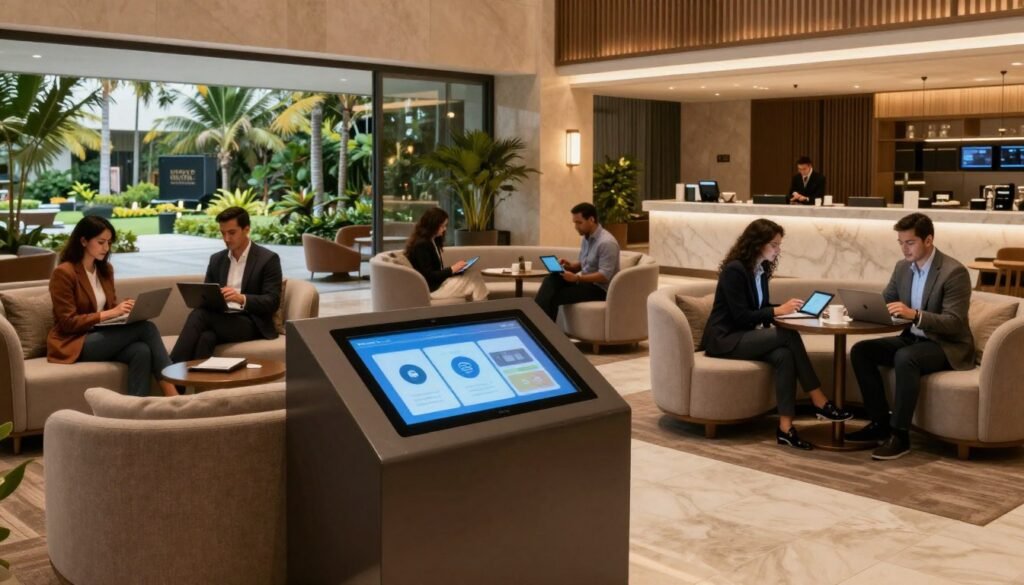 A modern luxury hotel lobby at Hotel Majestic in Brazil, showcasing advanced technology and connectivity. In the foreground, a sleek, interactive digital concierge station with a glowing touchscreen, surrounded by plush seating areas. The middle ground features elegantly dressed guests using tablets and laptops, engaged in productive conversations, seamlessly connecting to high-speed Wi-Fi. Soft ambient lighting accentuates the stylish decor, emphasizing a warm, welcoming atmosphere. In the background, expansive windows reveal a view of lush tropical gardens and high-tech amenities, adding to the luxurious hotel experience. The scene captures a balance of sophistication and modernity, inviting visitors to immerse themselves in both comfort and connectivity.
