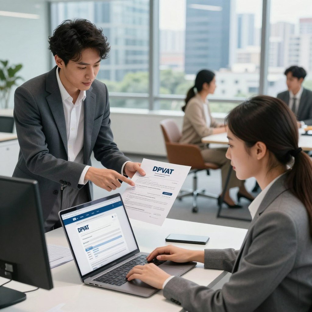 A modern office environment showcasing a diverse group of individuals. In the foreground, a professional woman in business attire is seated at a desk, focused on a laptop with a web page displaying a form for DPVAT insurance application. Beside her, a supportive colleague, also in business attire, points to a printed brochure outlining the benefits of DPVAT insurance. In the middle ground, a stylish meeting area with comfortable chairs and a large window letting in natural light. The background features a vibrant cityscape visible through the glass, symbolizing accessibility and modernity. The lighting is bright and welcoming, creating an atmosphere of professionalism and reassurance. The camera angle is slightly above eye level, capturing both engaged expressions and the importance of the insurance process.