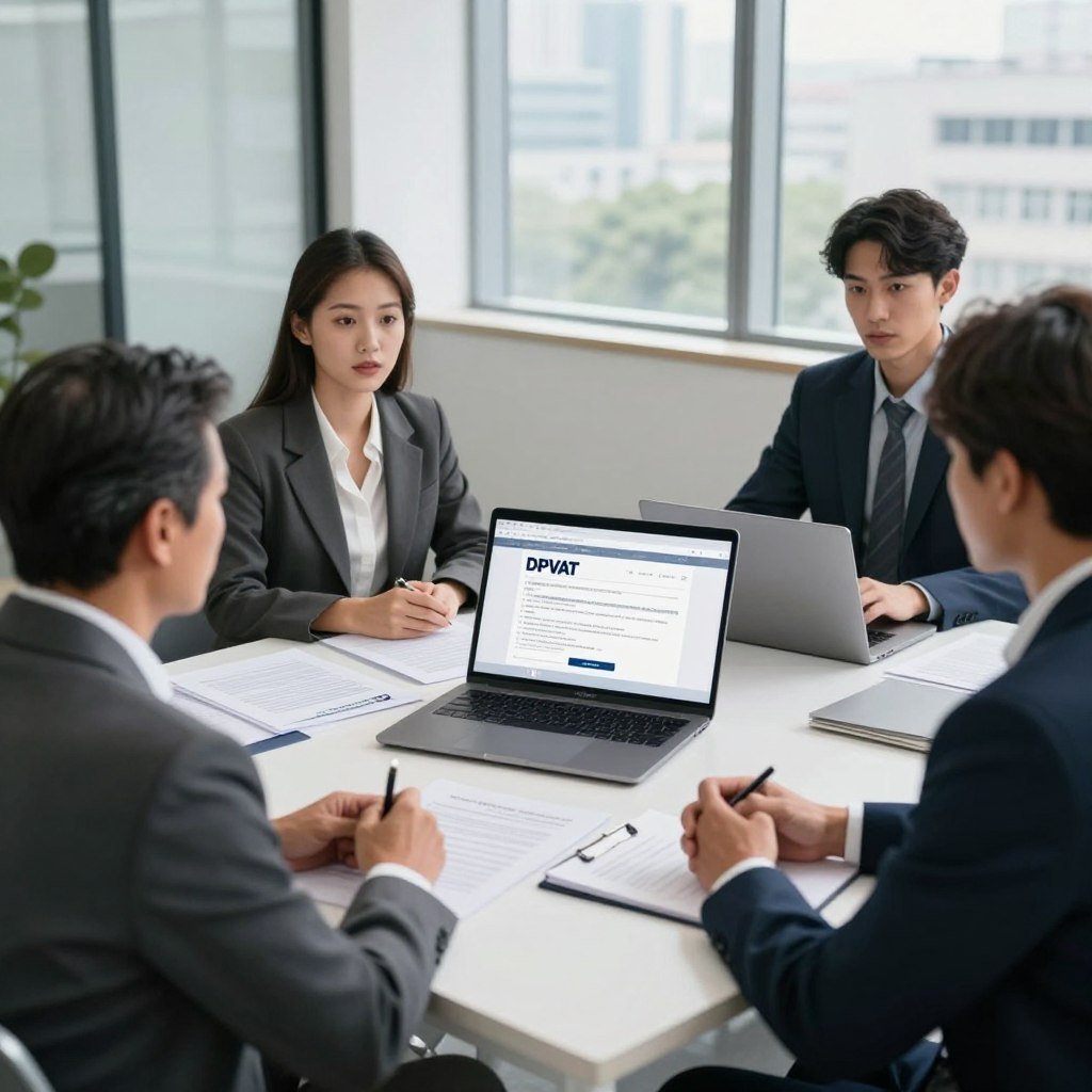 A modern office setting portraying a professional consultation regarding DPVAT compensation. In the foreground, a diverse group of three individuals – a middle-aged man in a business suit, a woman wearing smart casual attire, and a young professional with a laptop – are engaged in a focused discussion. In the middle ground, a desk cluttered with legal documents and a laptop screen displaying a website for DPVAT indemnity claims, highlighting the process. In the background, large windows let in natural light, illuminating a cityscape. The overall atmosphere is one of urgency and determination, with soft, even lighting to create a serious yet approachable mood. The camera angle is slightly above eye level, providing an overview of the scene.