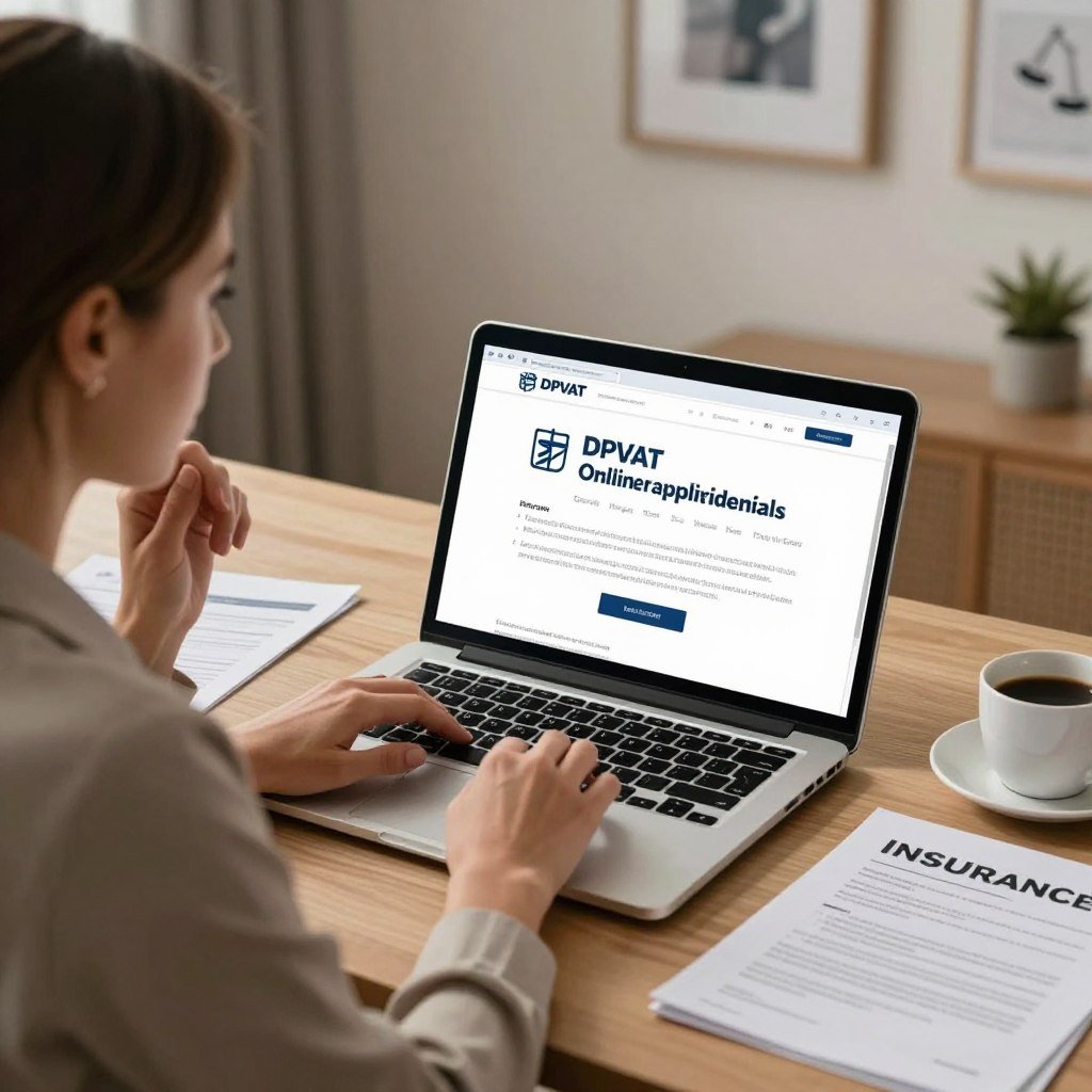 A modern workspace designed for online insurance applications, featuring a sleek laptop open to a website illustrating the DPVAT online request process. In the foreground, a professional in business attire, possibly a middle-aged woman, focuses intently on the laptop screen, her expression thoughtful yet determined. The middle ground includes a cozy desk with papers, a cup of coffee, and an insurance policy document partially visible. The background showcases a softly lit room with neutral-colored walls and inspiring wall art about legal rights and insurance services. The lighting is warm and inviting, evoking a sense of professionalism and calm. The angle is slightly aerial, providing depth and highlighting the subject's engagement. The atmosphere feels focused and serious, reflecting the importance of the section on addressing claim denials.