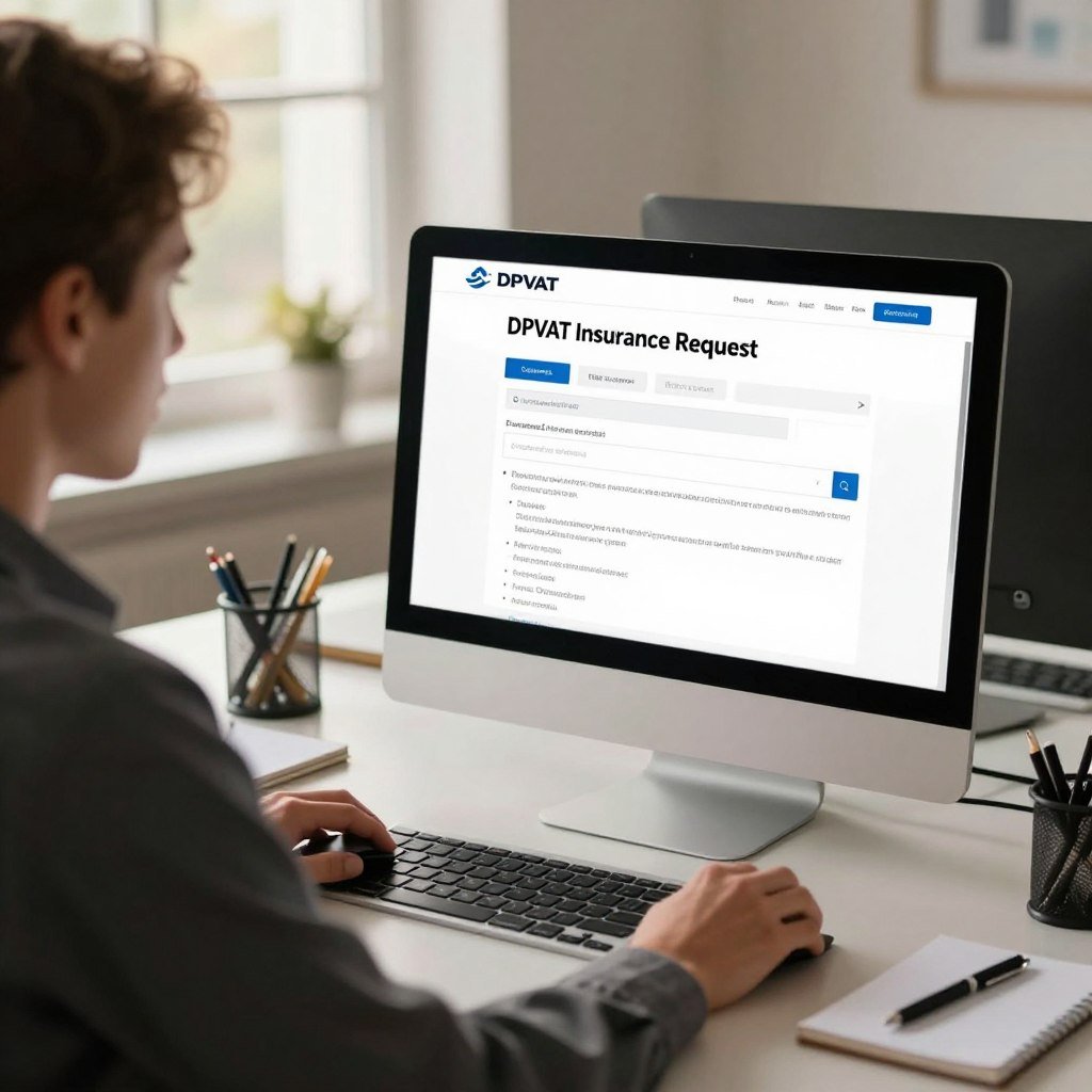 A modern workspace setup featuring a computer screen displaying the "DPVAT Insurance Request" online form. In the foreground, a person dressed in professional business attire is intently focused on the screen, using a mouse. The middle ground includes a sleek desk with a few office supplies, such as a notepad and a pen. In the background, a well-lit room with soft natural light filtering through a window creates a welcoming atmosphere. The lighting should be warm and inviting, enhancing the mood of productivity and clarity. The angle should capture the person's profile while keeping the screen's content blurred but recognizable, emphasizing the process of making the online request.