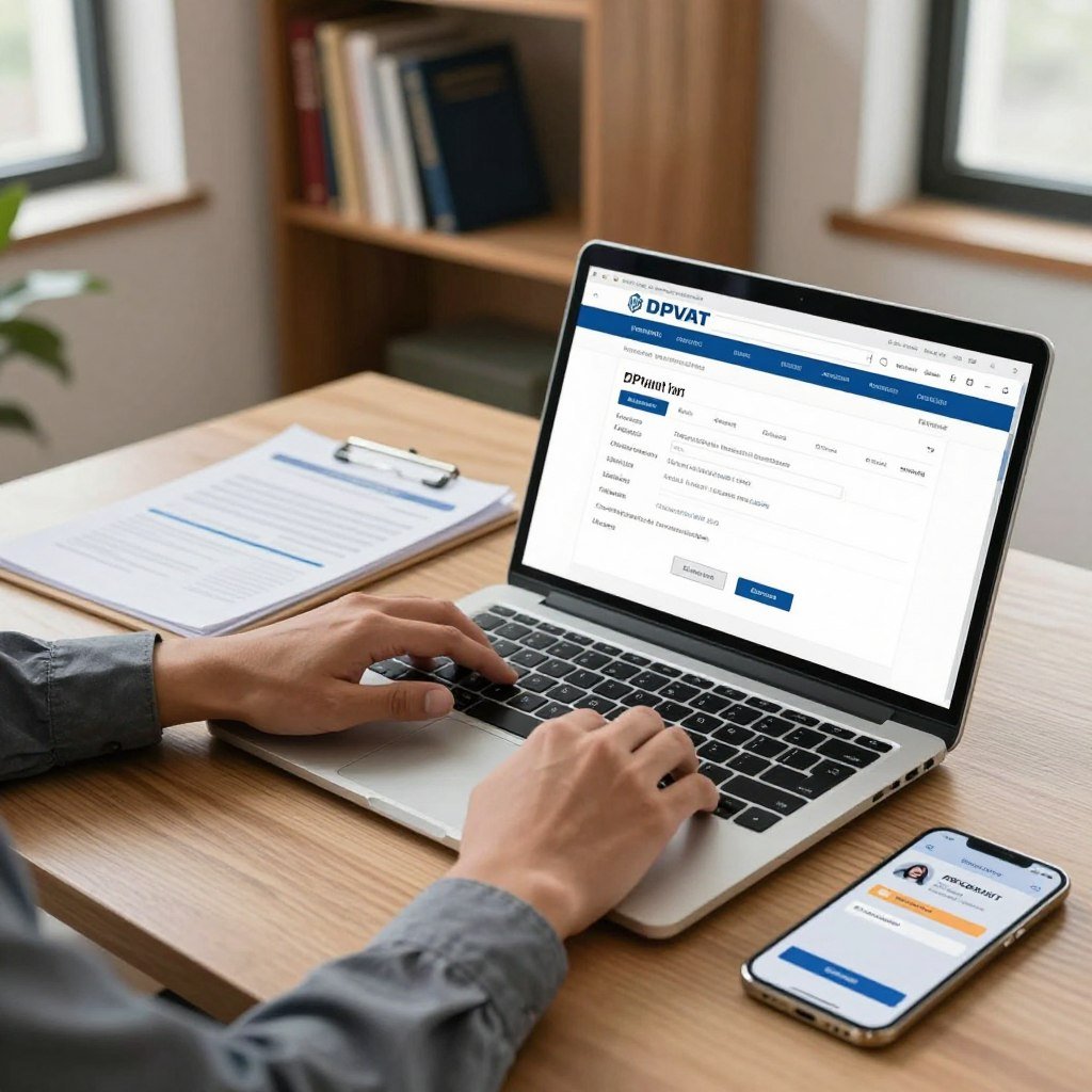 A neatly arranged desk scene depicting the process of making a DPVAT payment. In the foreground, a pair of hands, dressed in smart casual attire, operates a laptop displaying the DPVAT payment portal. A smartphone lies next to the laptop, showing a digital payment confirmation. In the middle ground, there are organized paperwork, including documents related to vehicle registration and insurance, hinting at the necessary steps for payment. The background features a softly lit room with a bookshelf filled with legal and financial books, creating a professional atmosphere. Natural light streams in through a window, adding warmth to the scene, and the overall mood conveys clarity and efficiency in managing financial obligations.
