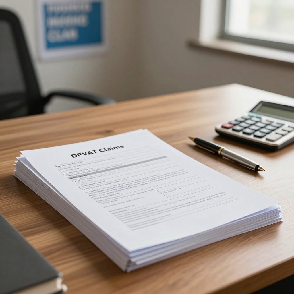 A neatly arranged stack of documents titled "DPVAT Claims" in an office setting. In the foreground, focus on a few standard forms, including application forms and identification papers, with clear headings and structured content. In the middle ground, a sleek wooden desk with a stylish pen and a calculator beside the documents, symbolizing organization and attention to detail. In the background, a softly blurred office space with a motivational poster related to insurance claims on the wall, enhancing the professional atmosphere. The lighting is warm and inviting, coming from a nearby window, casting gentle shadows to create depth. The overall mood is calm and focused, emphasizing the importance of proper documentation for insurance claims.