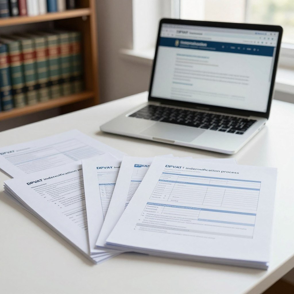 A neatly organized desk setup featuring a stack of important documents related to the "DPVAT indemnification process". In the foreground, focus on a close-up of various official papers like forms, identification documents, and a checklist outlining the required paperwork, all prominently displayed and slightly fanned out for clarity. In the middle ground, include a professional-looking laptop open to an online government site providing information about DPVAT, with a soft glow from the screen illuminating the desk. In the background, a blurred bookshelf filled with law and insurance reference books lends depth. The setting is well-lit with natural light streaming in from a window, creating a calm and informative atmosphere, suggesting readiness and professionalism that reflects the seriousness of the topic.