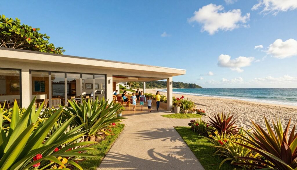A picturesque beach hotel situated directly on the sandy shores of Canasvieiras, Florianópolis, with family-friendly amenities. In the foreground, a well-maintained pathway leads to the entrance of the hotel, flanked by lush tropical plants and colorful flowers. The middle ground features a contemporary building with large glass windows, showcasing the inviting lobby filled with smiling families. In the background, the crystal-clear waters of the ocean gently lap against the beach, under a brilliant blue sky with a few fluffy clouds. The scene is bathed in warm, golden sunlight, creating a cheerful and inviting atmosphere. Use a wide-angle lens to capture the spaciousness, emphasizing the beautiful coastal setting.
